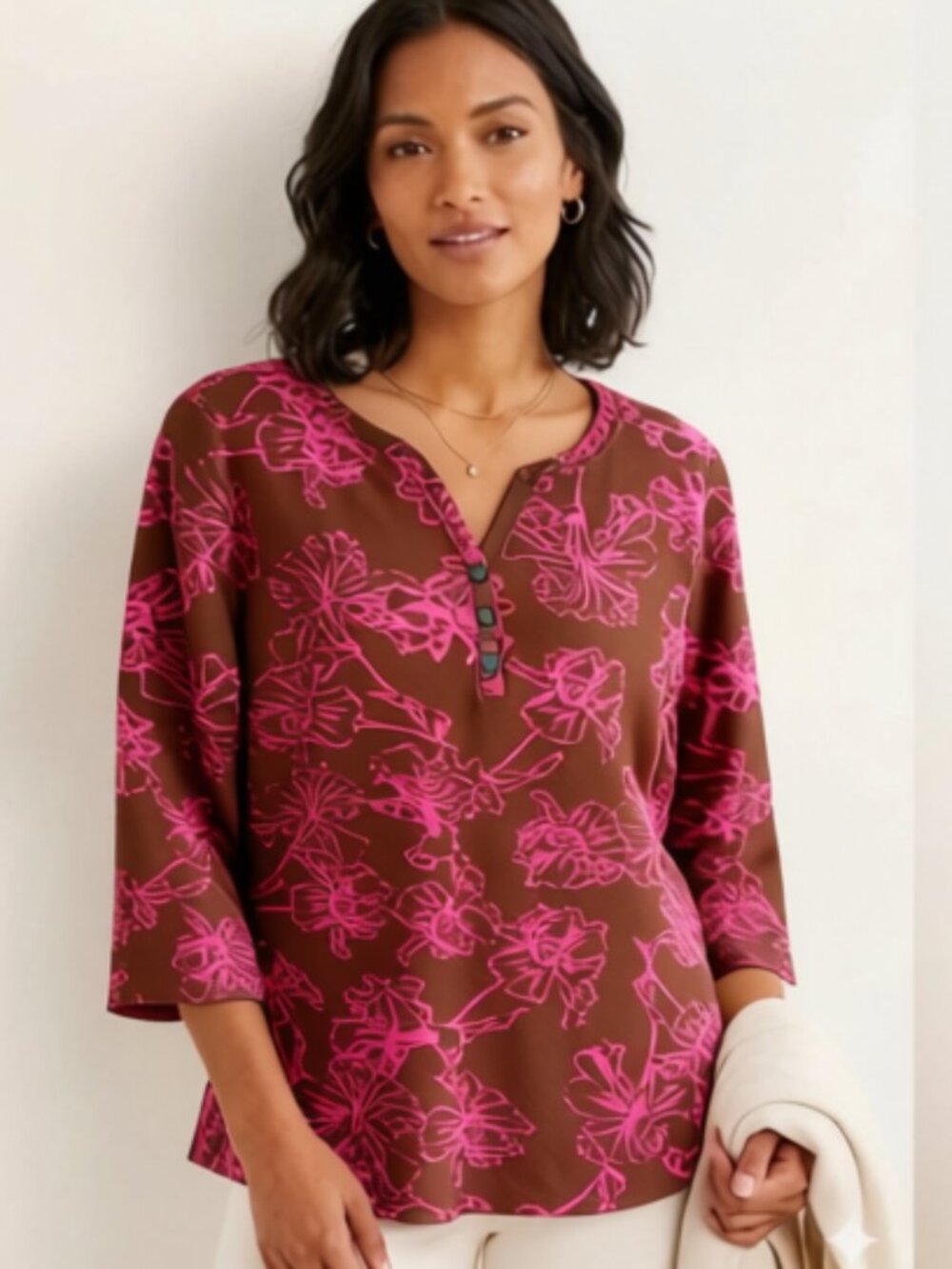 Style & Co. Womens Top Blouse Henley Style 3/4 Sleeves Brown Pink Size L